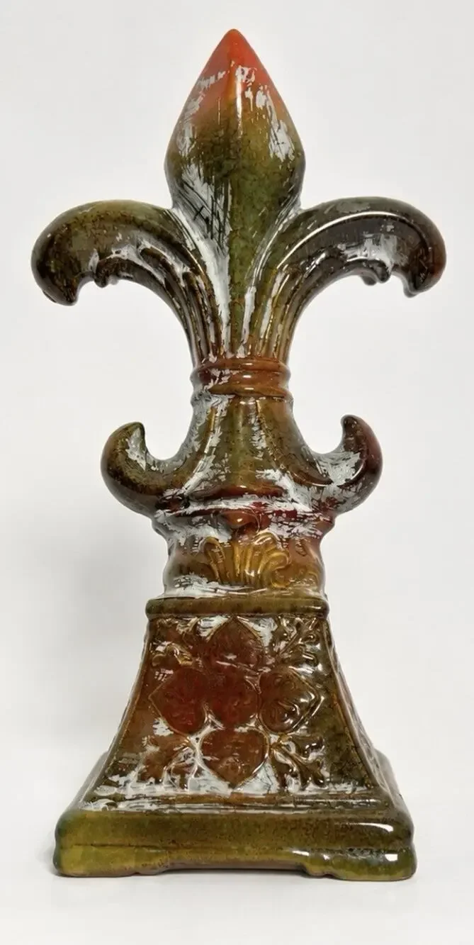 Ceramic Fleur De Lis Finial Decor Brown Green Glazed Architectural Accent 15”